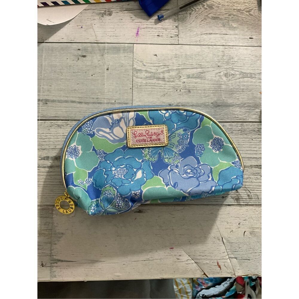 Lilly Pulitzer Estee Lauder Blue Floral Makeup Cosmetic Case Bag Zipper Pouch